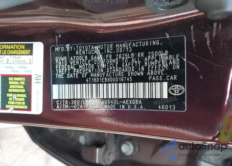 2013 Toyota Avalon Hybrid Limited/Xle Premium/Xle Touring z USA, uszkodzony, nr VIN 4T1BD1EB8DU016745